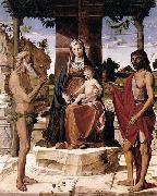 Bartolomeo Montagna, Madonna and Child under a Pergola with St John the Baptist and St Onofrius